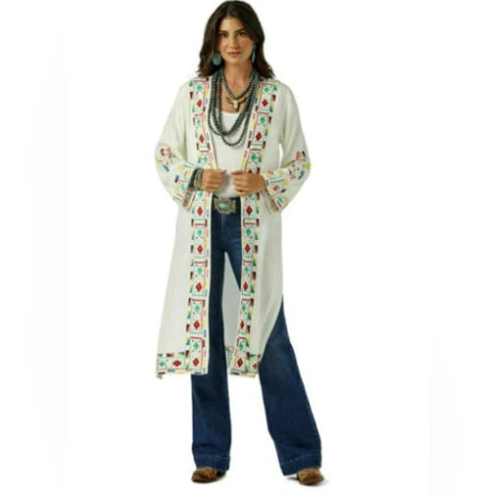 WRANGLER Retro Embroidered Western‎ Long Duster Jacket Cardigan Top Size Medium